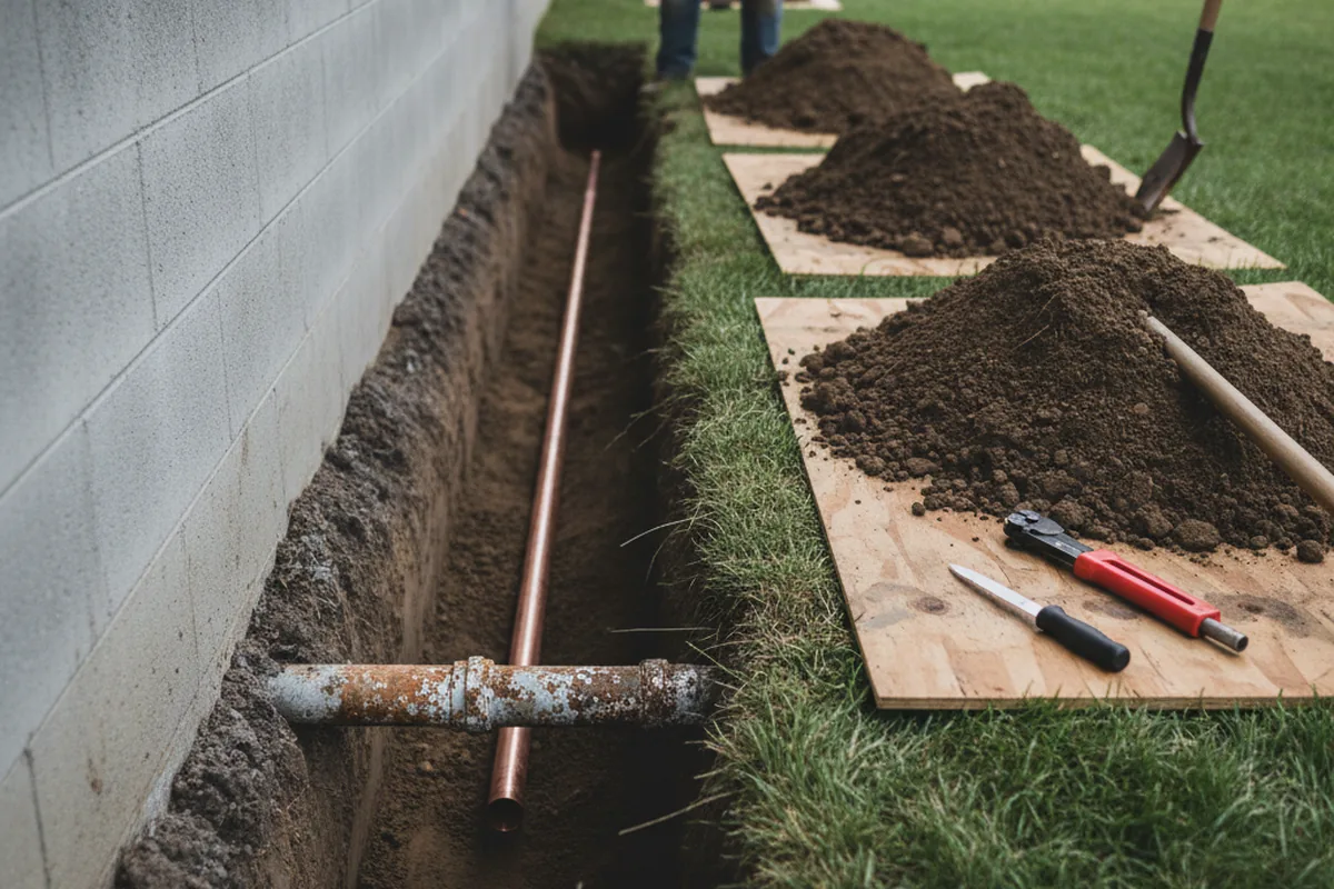Excavated water line trench during Sewer Line Repair in Mountainville